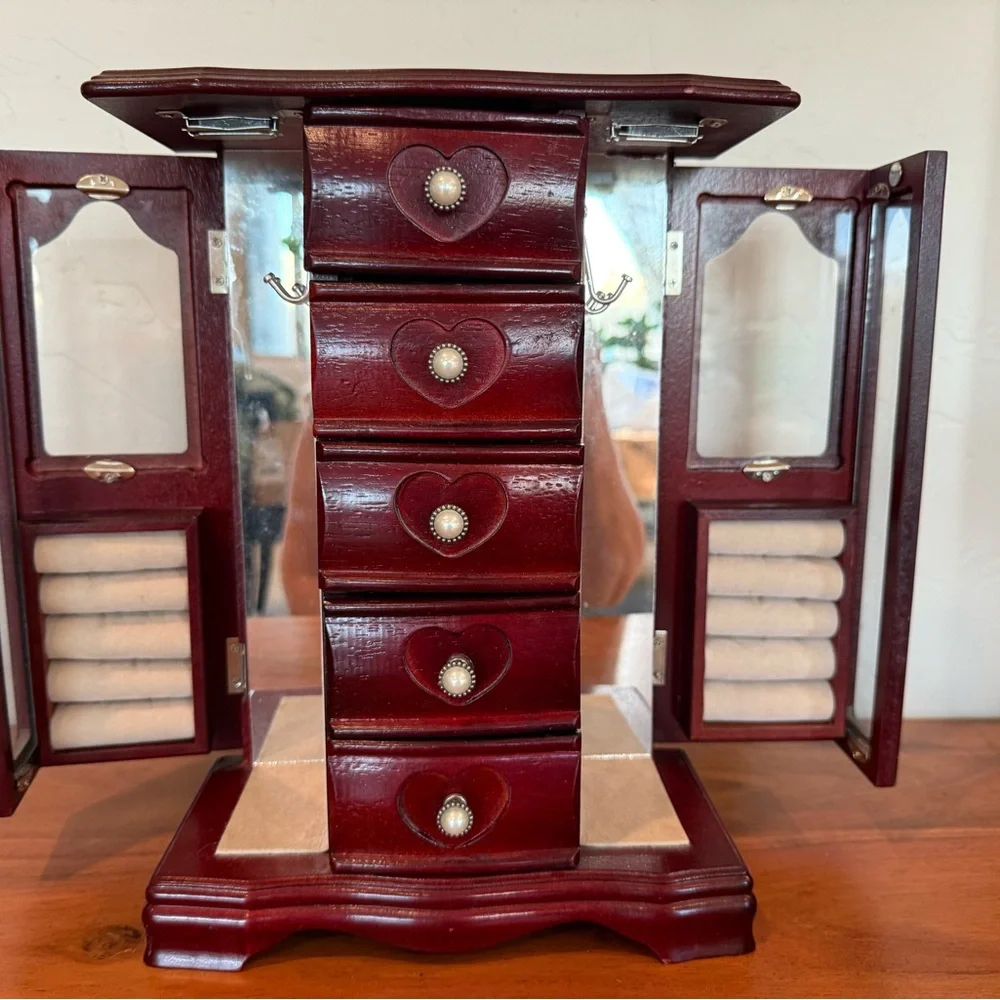 Vintage Cherry Wooden Jewelry Armoire Organizer with Heart Accents‎ cubby hooks